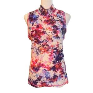 Athleta Mock Neck Top Small Multi Color‎ Excellent Abstract Floral Zip Back